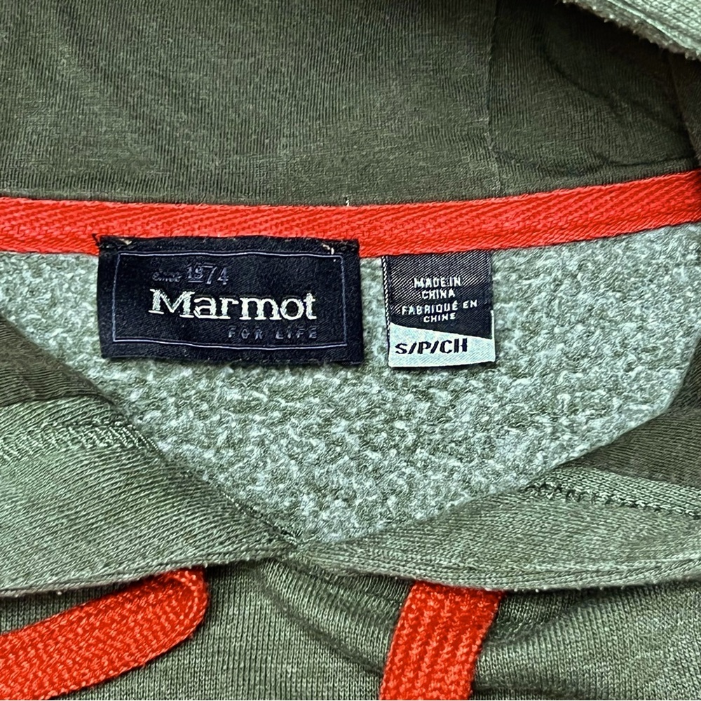Marmot Marmot Mountain est. 1974 Green Hoodie Pullover Sweater Hiking Men’s - Picture 4 of 5